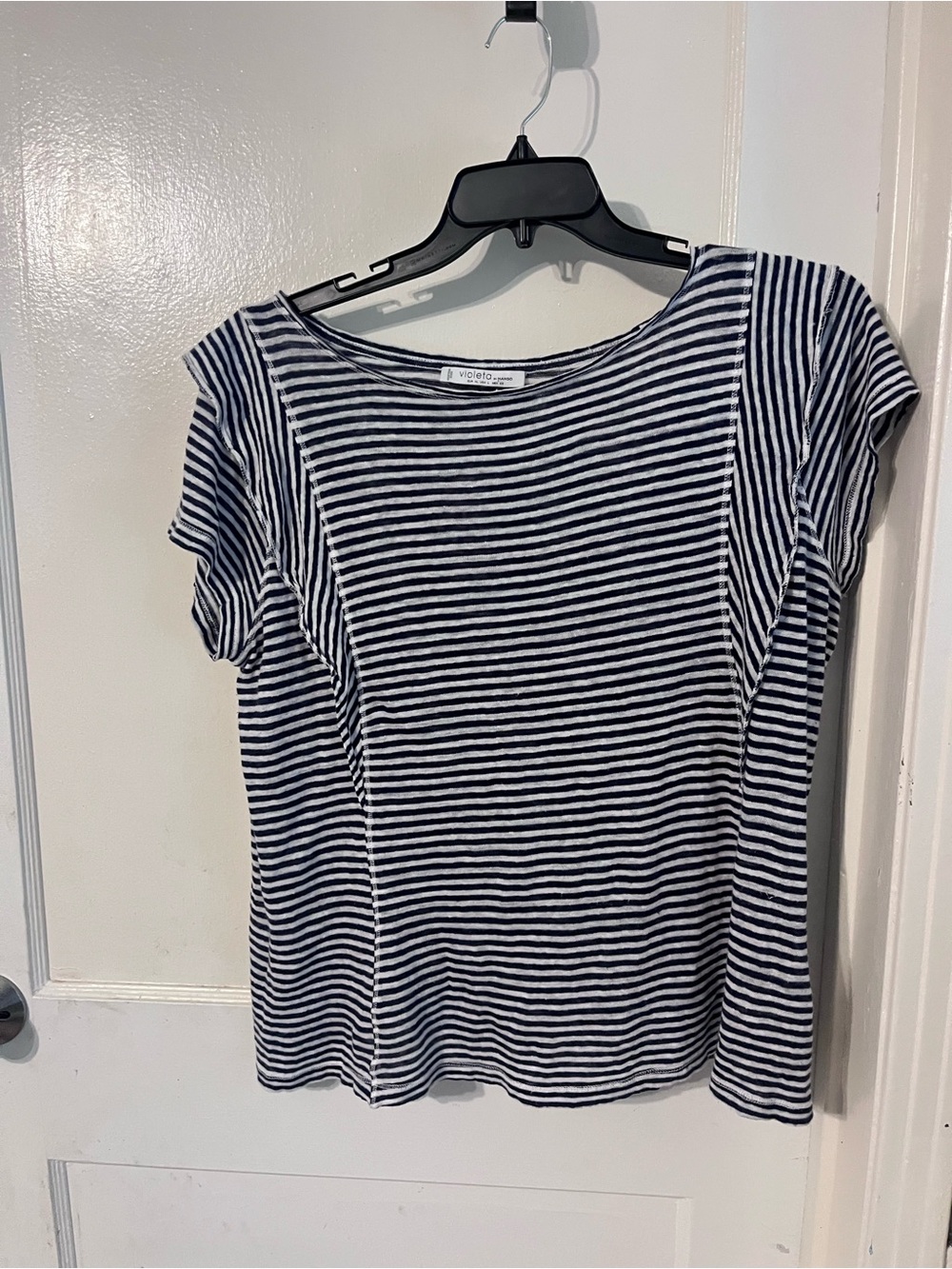 Mango Navy and White Striped Short Sleeve Tee